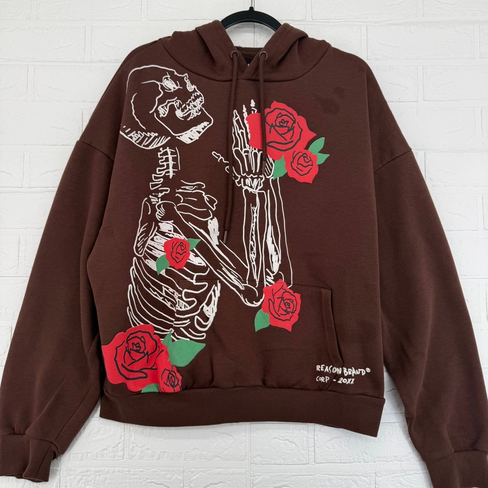 Reason Clothing Brown Skeleton Rose Hoodie "No Love Lost" Streetwear Goth Medium